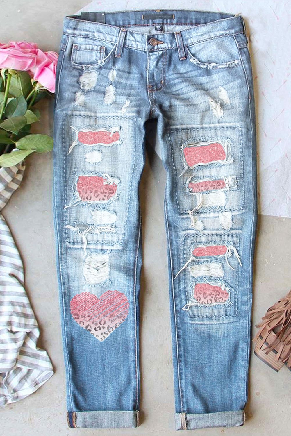 Women's Street Lover Printed Ripped Straight Denim Jeans