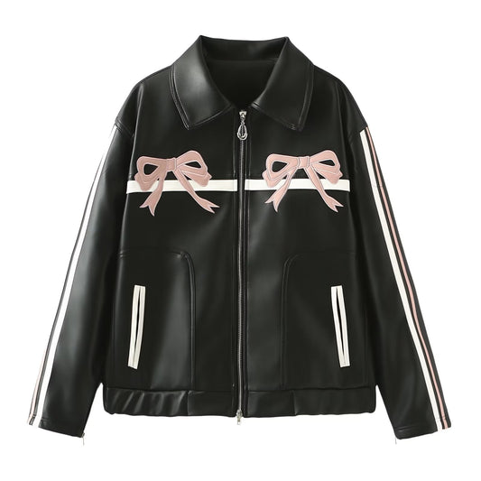 Women's Winter Sweet Cool Bowknot Embroidery Leather Jackets