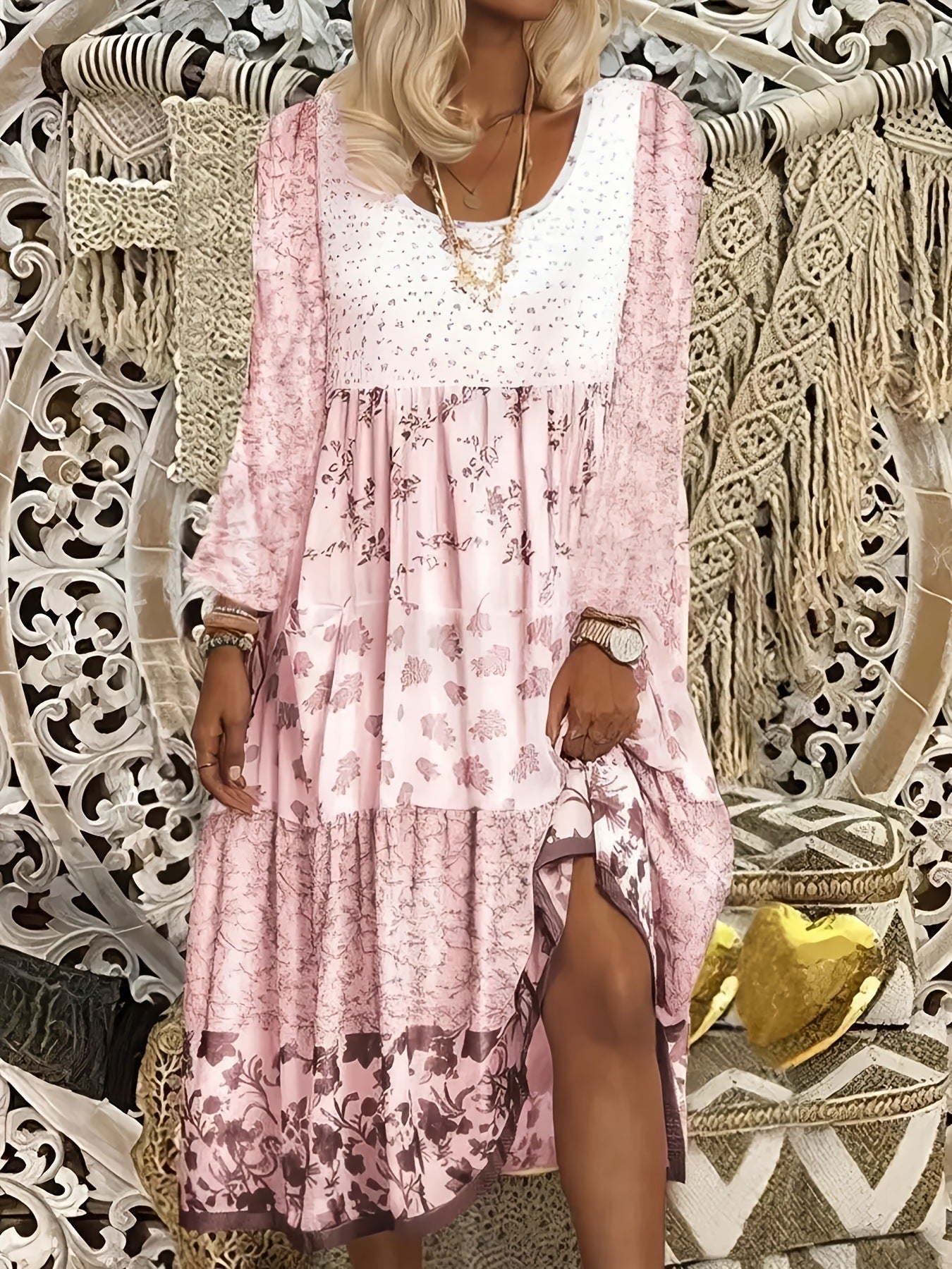 Casual Women's Long-sleeved Printed Round Neck Dress