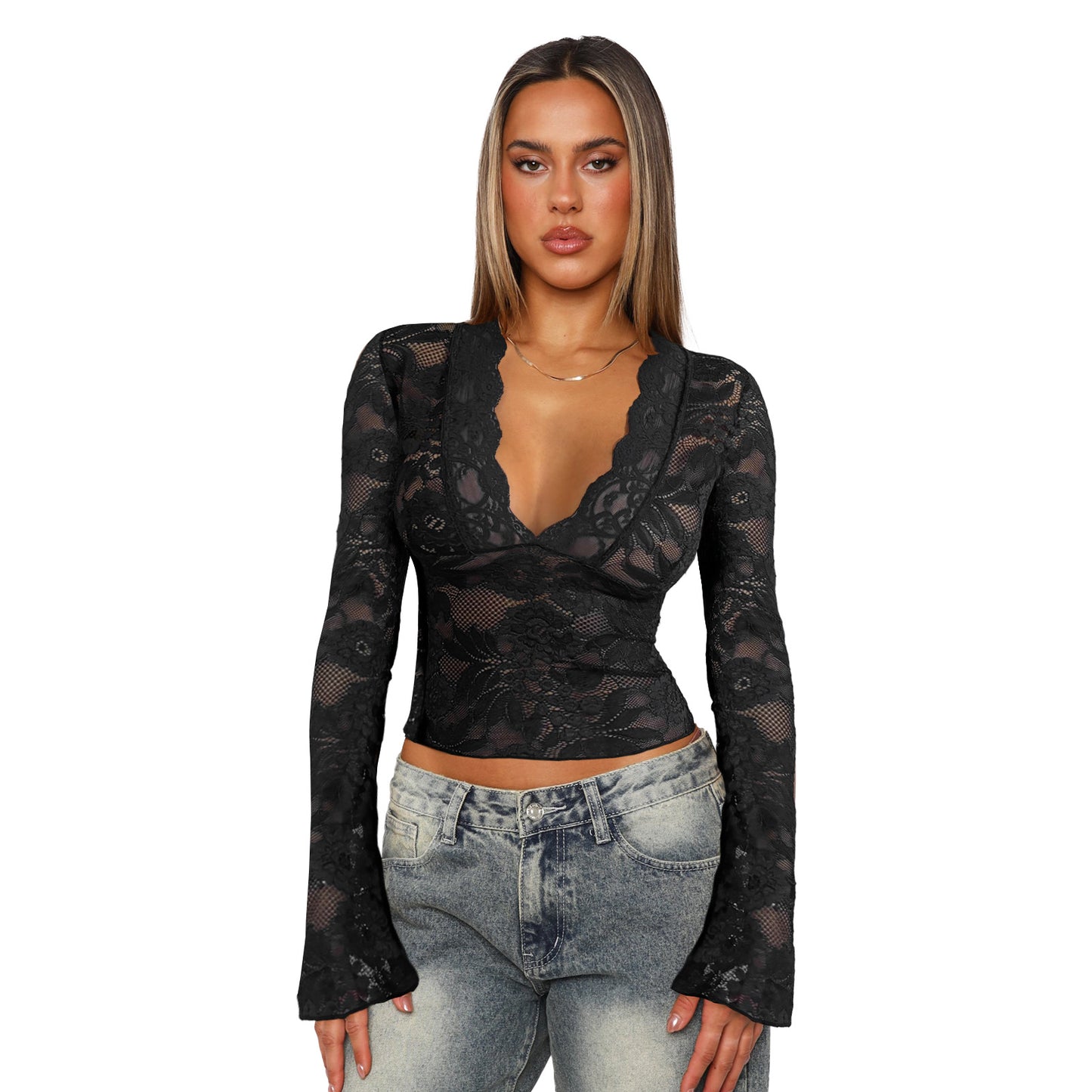 Women's Sexy Deep V Slim Fit Lace Blouses