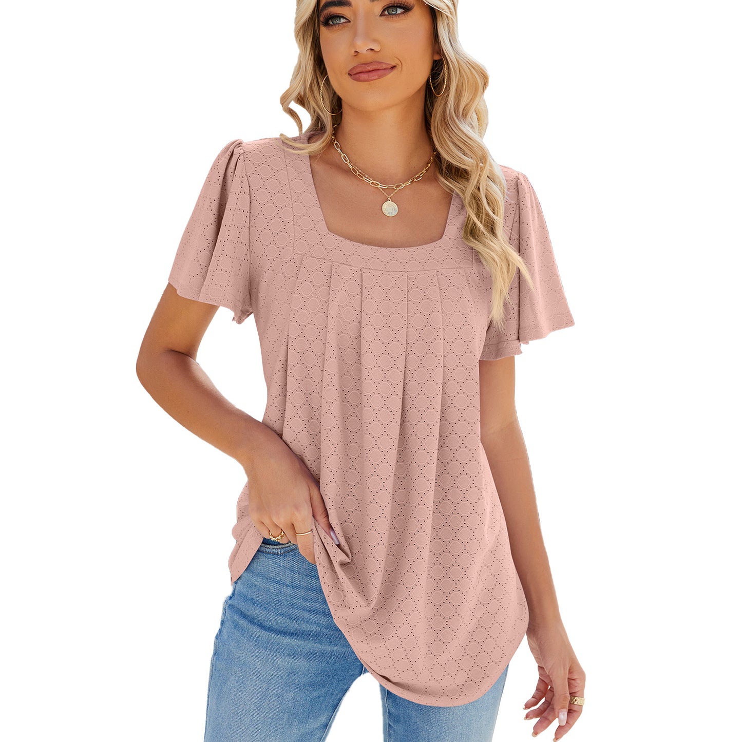 Women's Solid Color Square Collar Pleated Sleeves Blouses