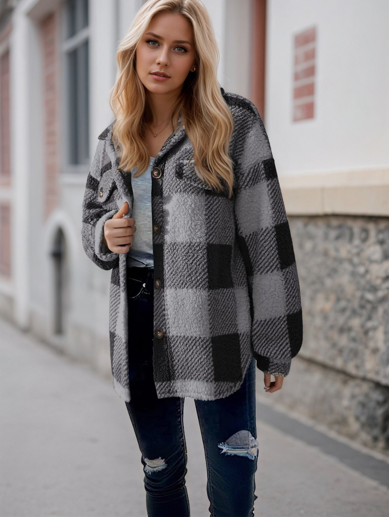Women's Button Lapel Plush Plaid Loose Casual Coats