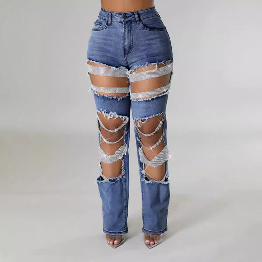 Women's Ripped Cool Beaded High Waist Stretch Denim Jeans
