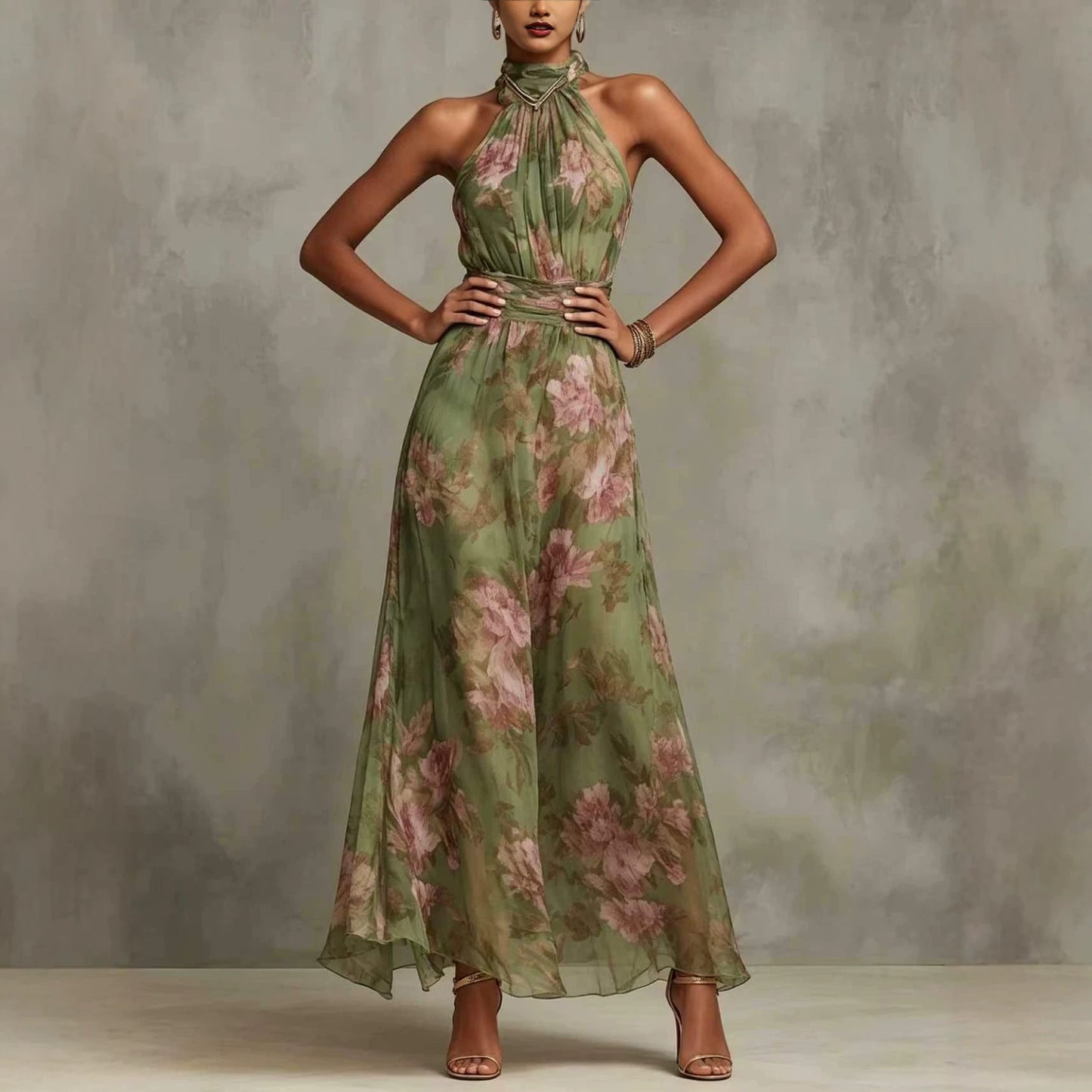 Women's Ruffle Hip Mesh Floral Print Irregular Slit Sexy Suspender Dress