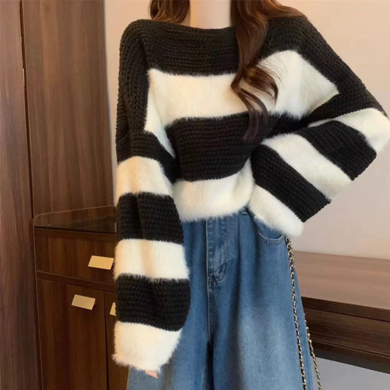 Women's Retro Loose Milk Lazy Striped Long Sleeve Tops