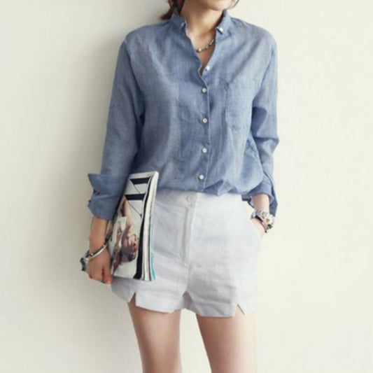 Women's Linen Shirt Long Sleeve Loose Thin Blouses
