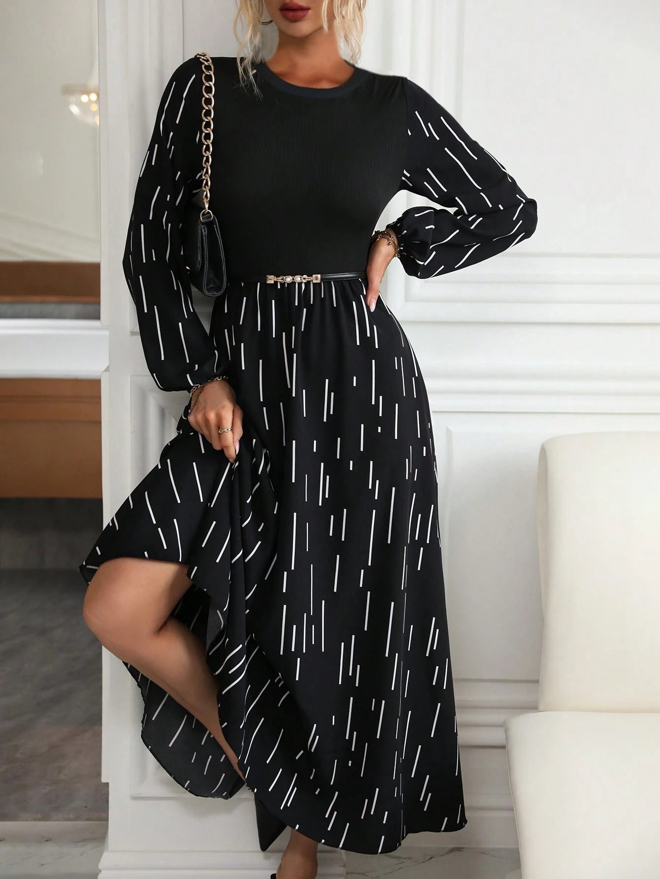 Women's French Fashionable Elegant Printed Round Neck Temperament Dress