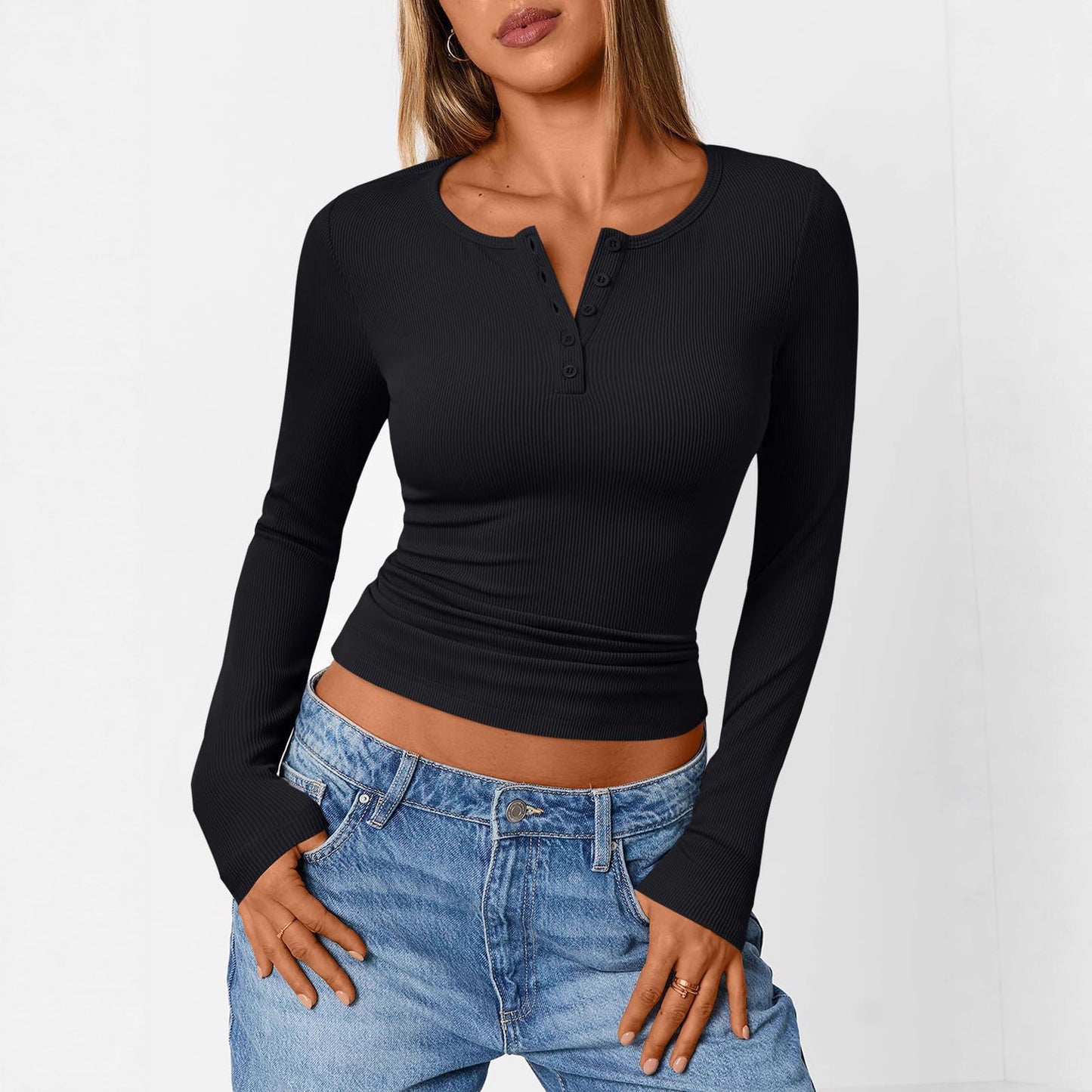 Women's Long Sleeve Button Rib Slim Fit Women's Sweater
