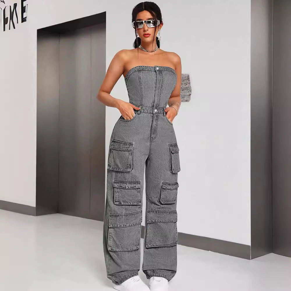 Women's Denim Fashion Hot Tube Cargo Jumpsuits