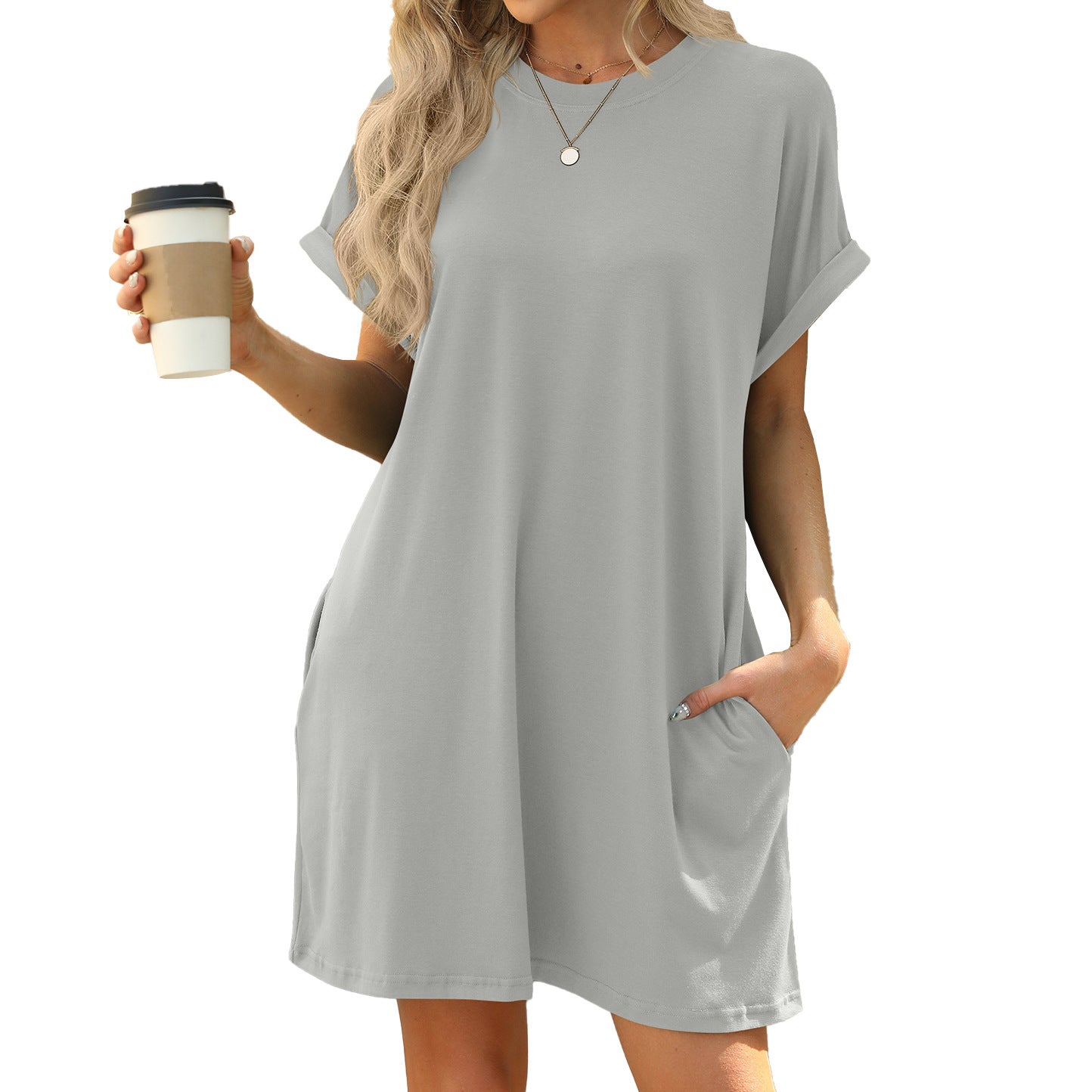Solid Color Round Neck Pocket Loose Dresses