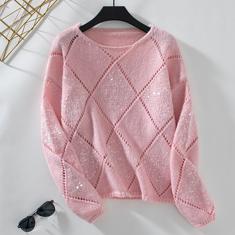 Women's Fashion Sequined Rhombus Pullover Loose Sweater