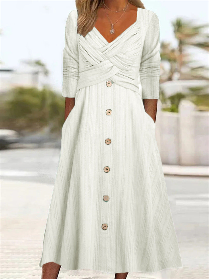 Women's Color Long Sleeve Cross Button Casual Dresses