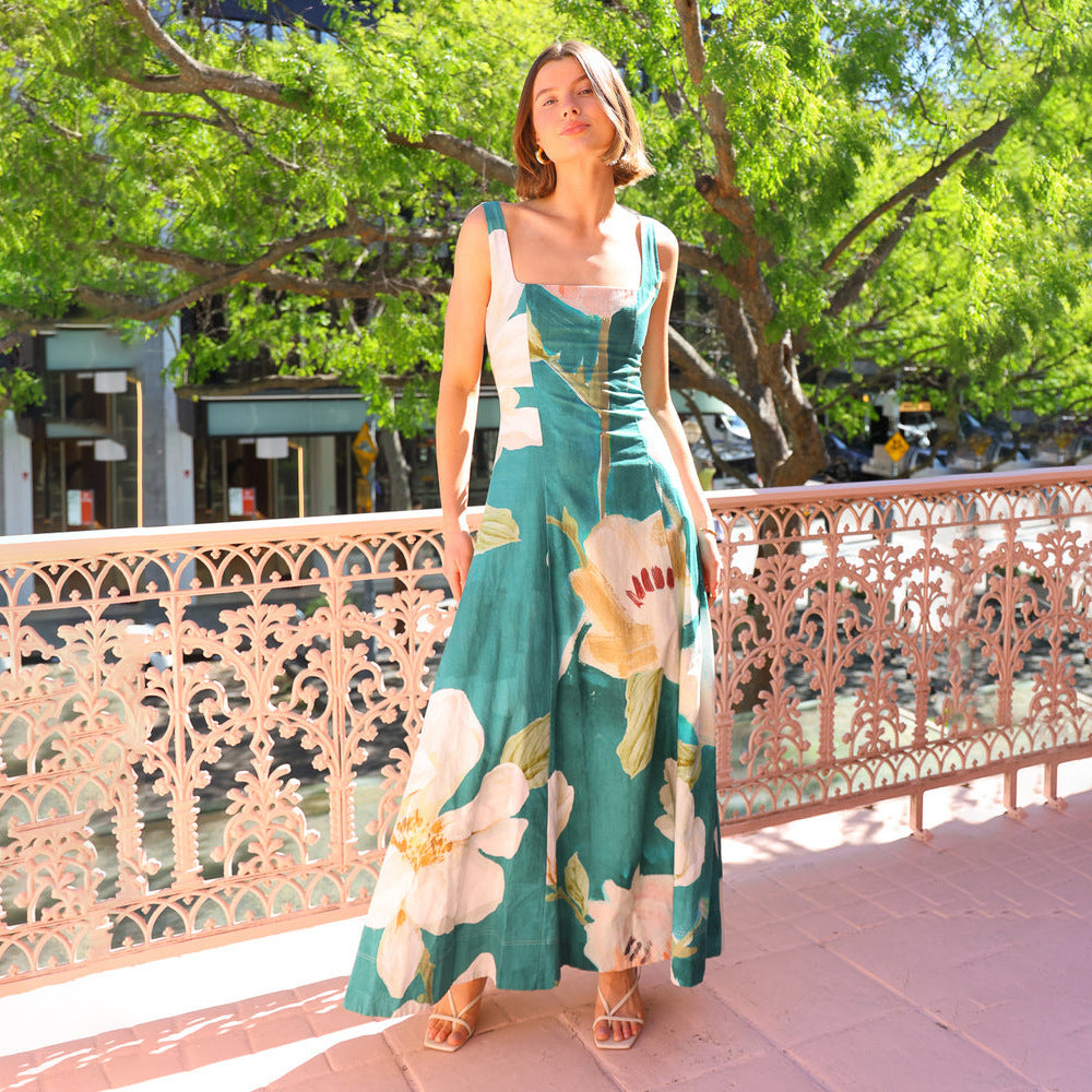 Women's Summer French Retro Slimming Printed Strap Dress