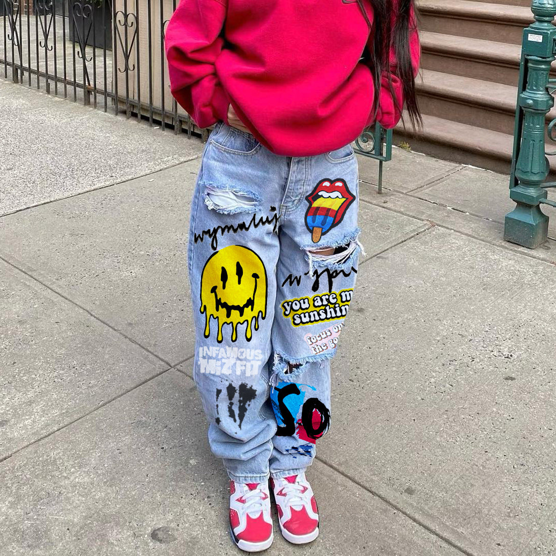Women's Smiley Printed Ripped Street Skateboarding Style Jeans