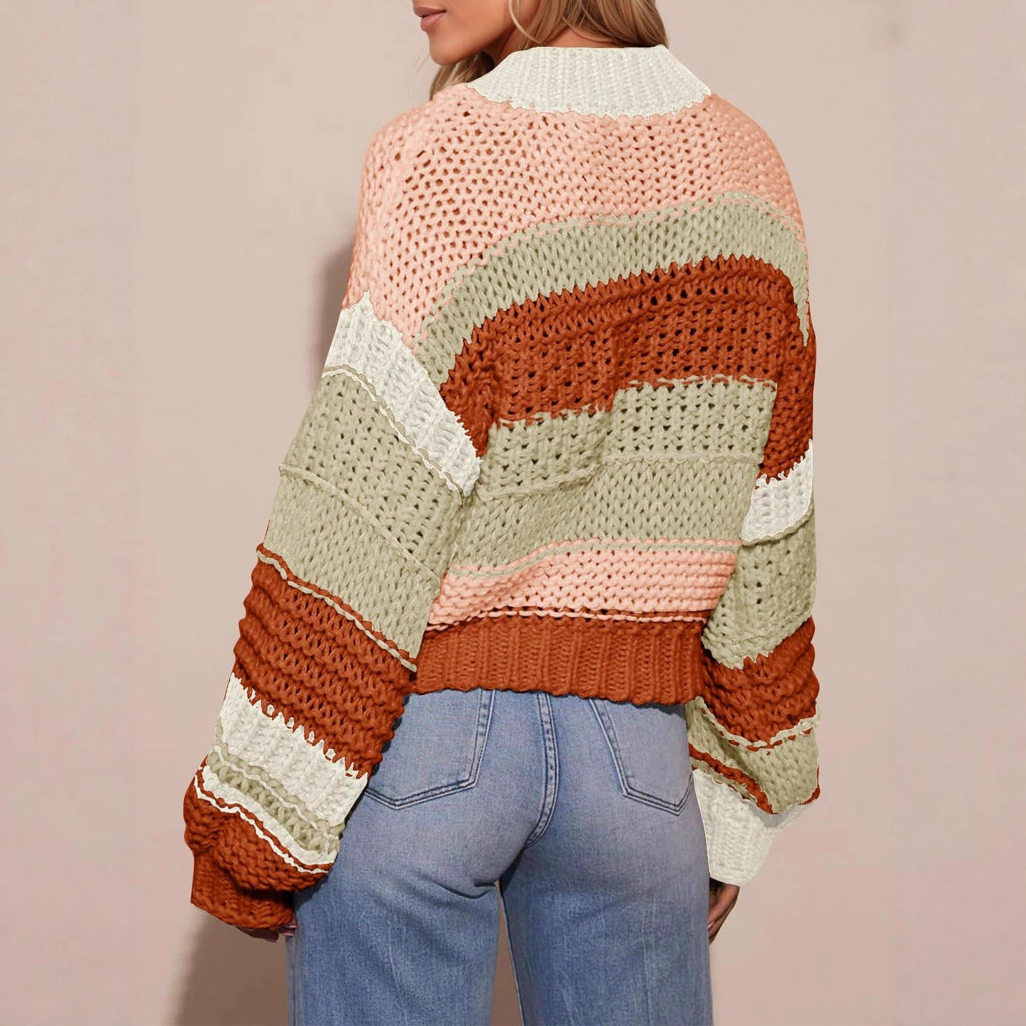 Women's Striped Thick Needle Button Color Block Stitching Sweaters