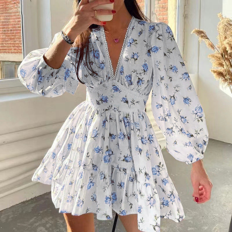 Women's Spring Sweet Printed Lace Long Sleeve Dresses