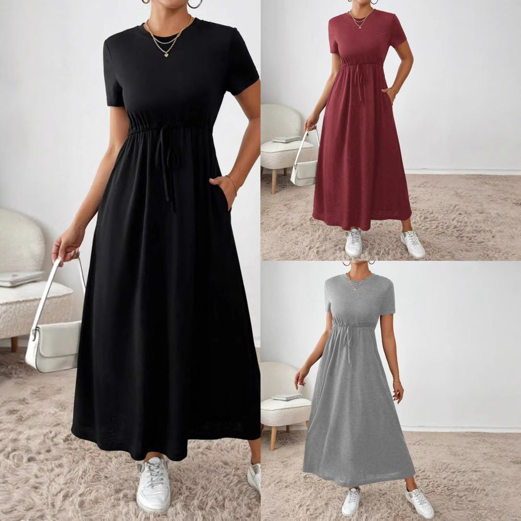 Women's Neck Solid Color Sleeve Drawstring Waist Shorts
