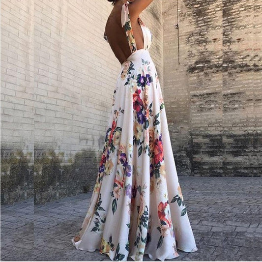 Women's Clothes Exposed Back Printed Large Swing Sleeveless Dresses