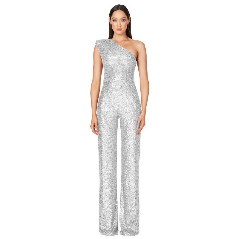 Women's Fashion Sleeveless One Shoulder Backless Sequined Jumpsuits