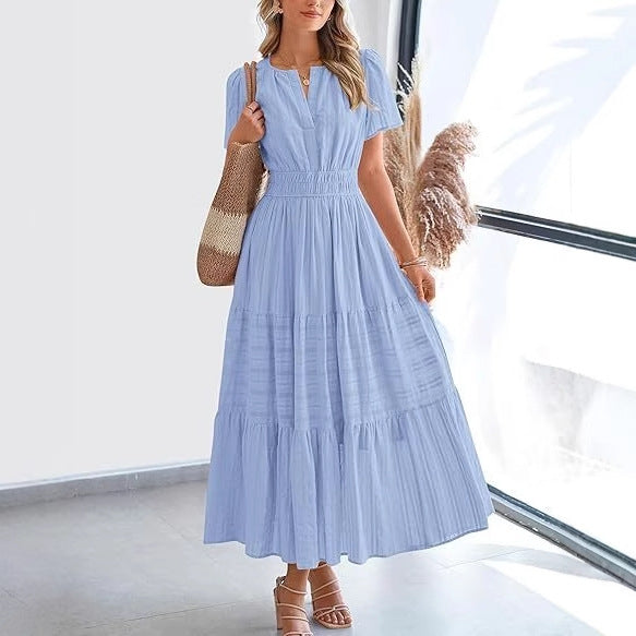 Women's Fashion Pleated Puff Sleeve Layered Large Dress