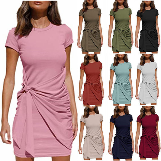 Sleeve Round Neck Pleated Bow Belt Dress