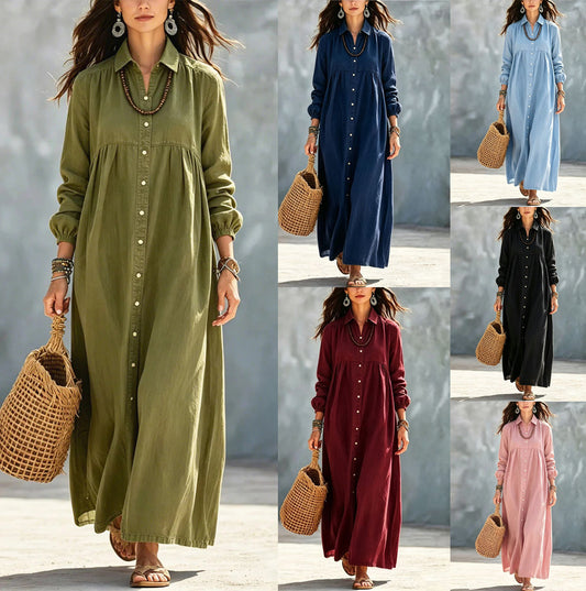 Women's Color Shirt Loose Button Lapel Casual Long Dress