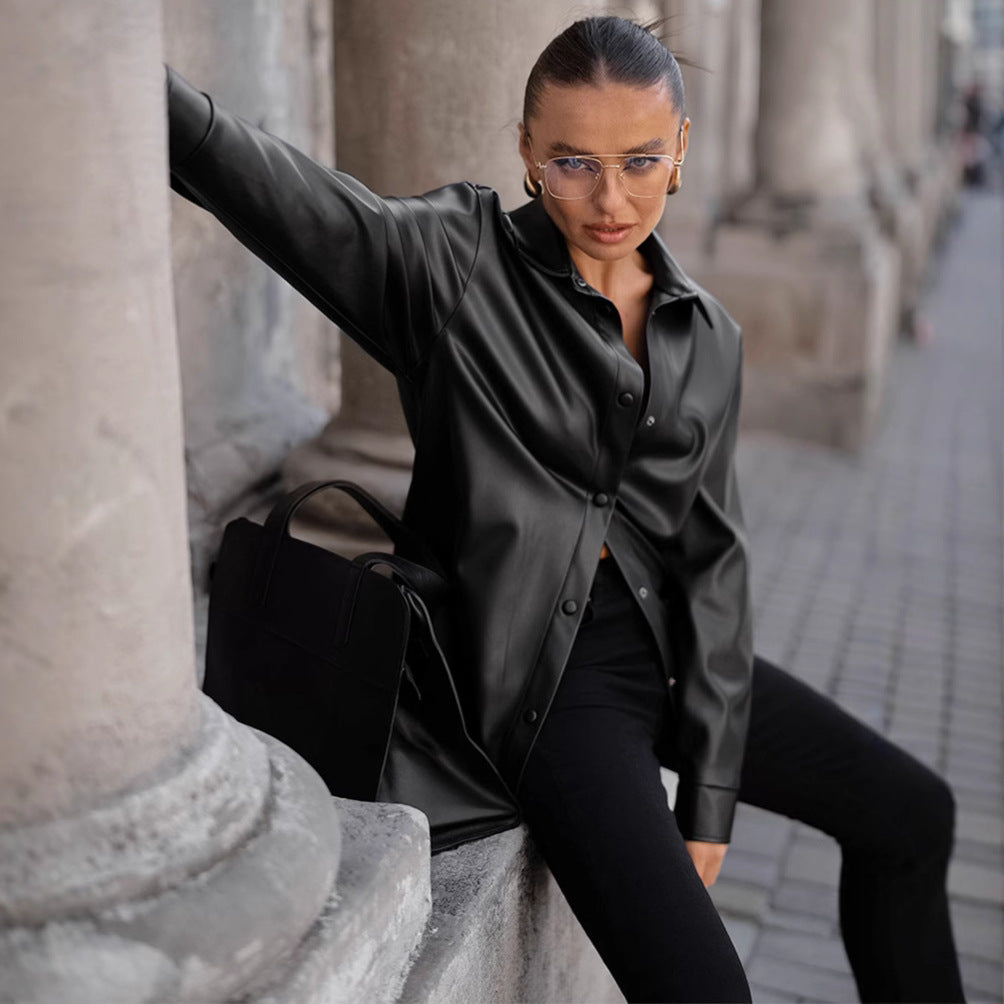 Women's Leather Loose Locomotive Style Black Fashion Jackets