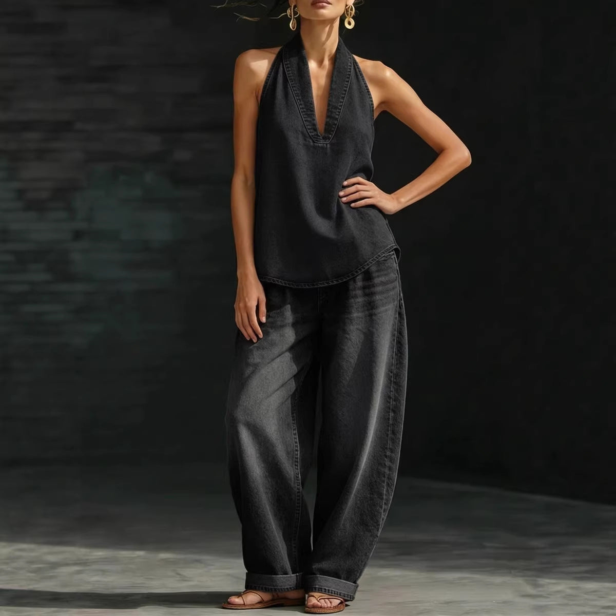 Women's Autumn Lapel Retro Buckle Denim Wide Fashion Casual Suit