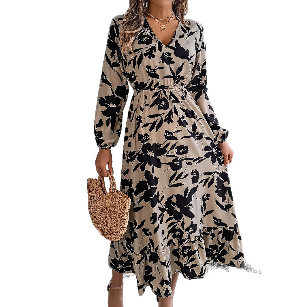 Women's Casual Flower Long Sleeves Ruffles Dress
