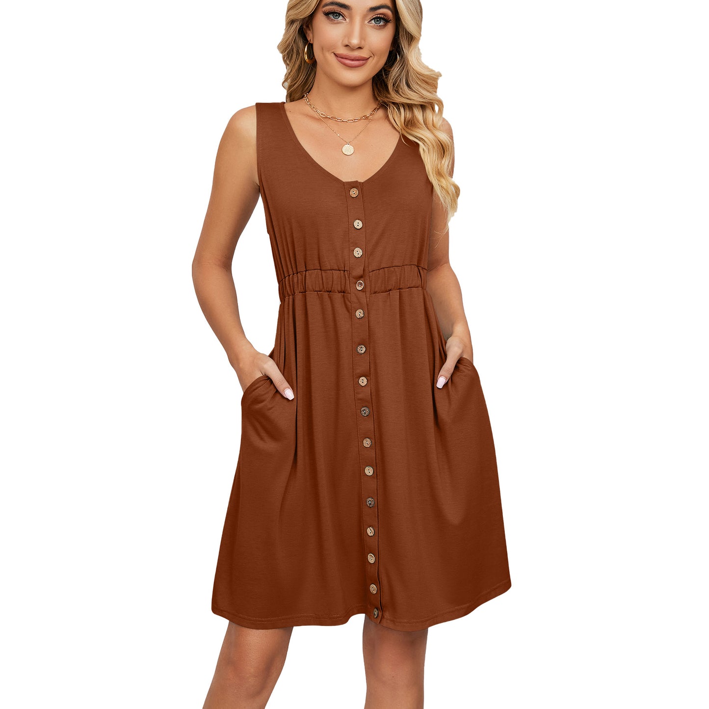 Sleeveless Button Pocket Crew Neck Split Dress
