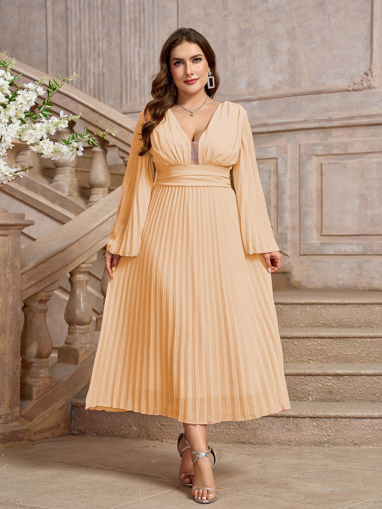 Women's Dress Sexy Pleated Long Sleeve Chiffon Plus Size