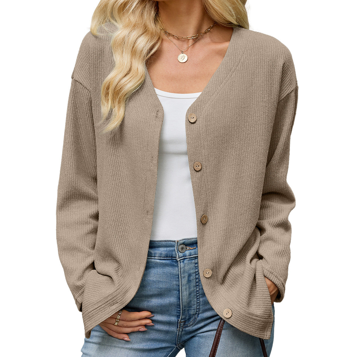 Women's Solid Color Loose Long Sleeve Button Women's Sweater
