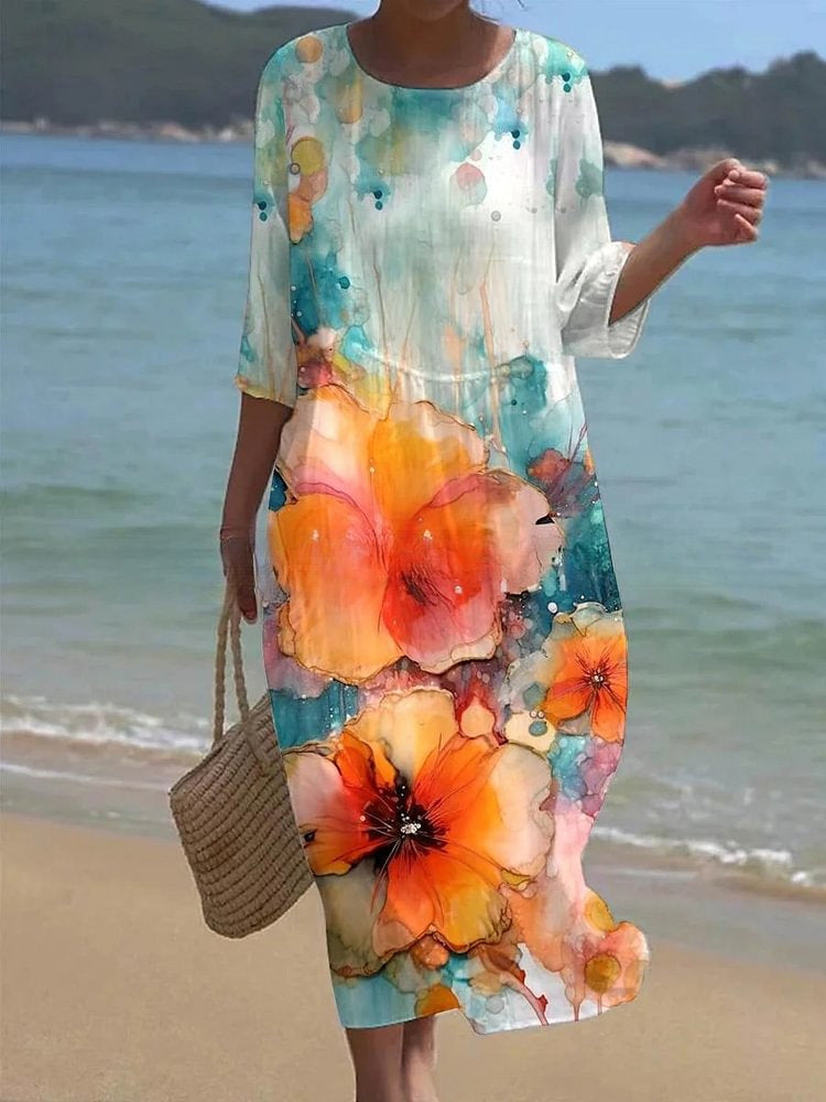Women's Summer Loose Round Neck Fashion Long-sleeved Dresses