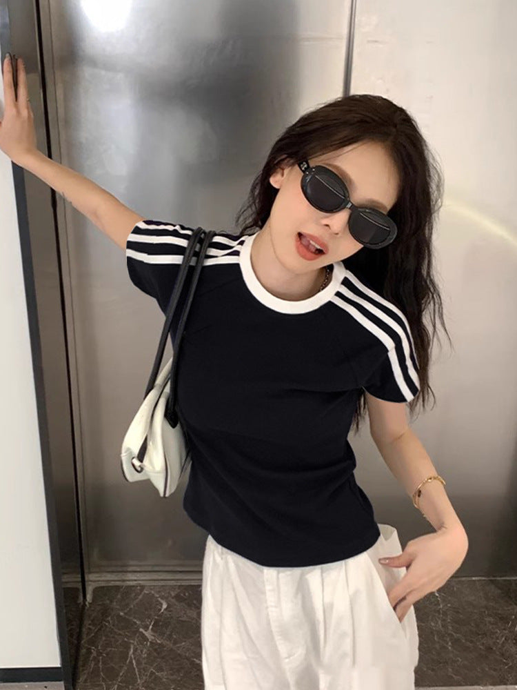Women's Style Trendy Three Bars Contrast Color Short-sleeved Blouses