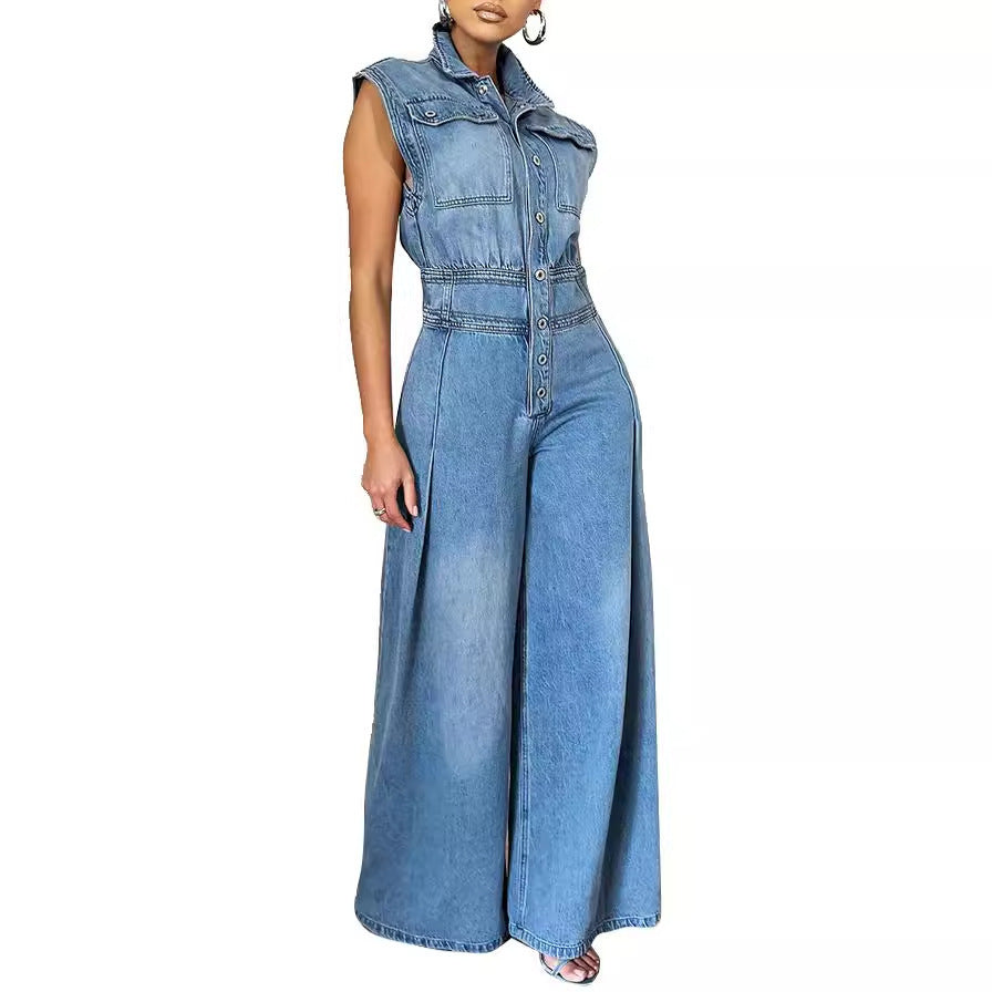 Women's Leisure Washed-out Sleeveless Denim One-piece Pants