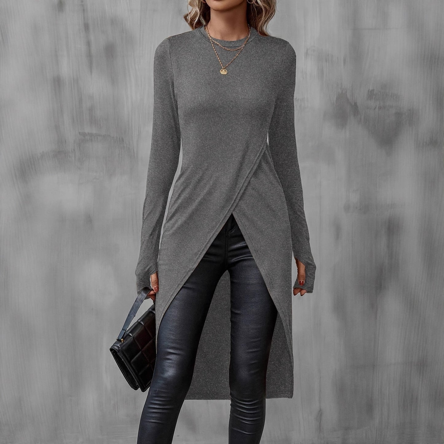 Simplicity Solid Color Long Sleeve Split Mid-length Dress