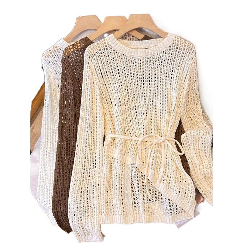 Women's Thin Comfortable Draping Air Conditioning Outerwear Cover-up Round Neck Irregular Sweaters