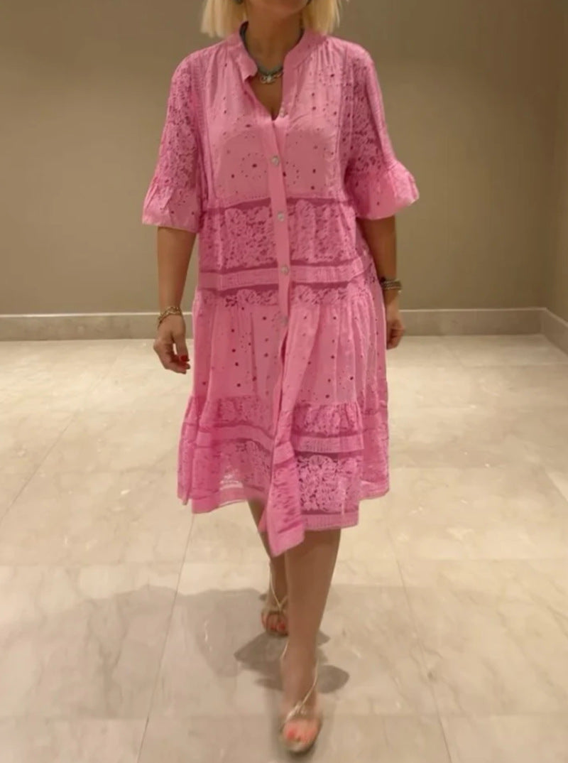Women's Summer Solid Color Lace Button Stitching Dress