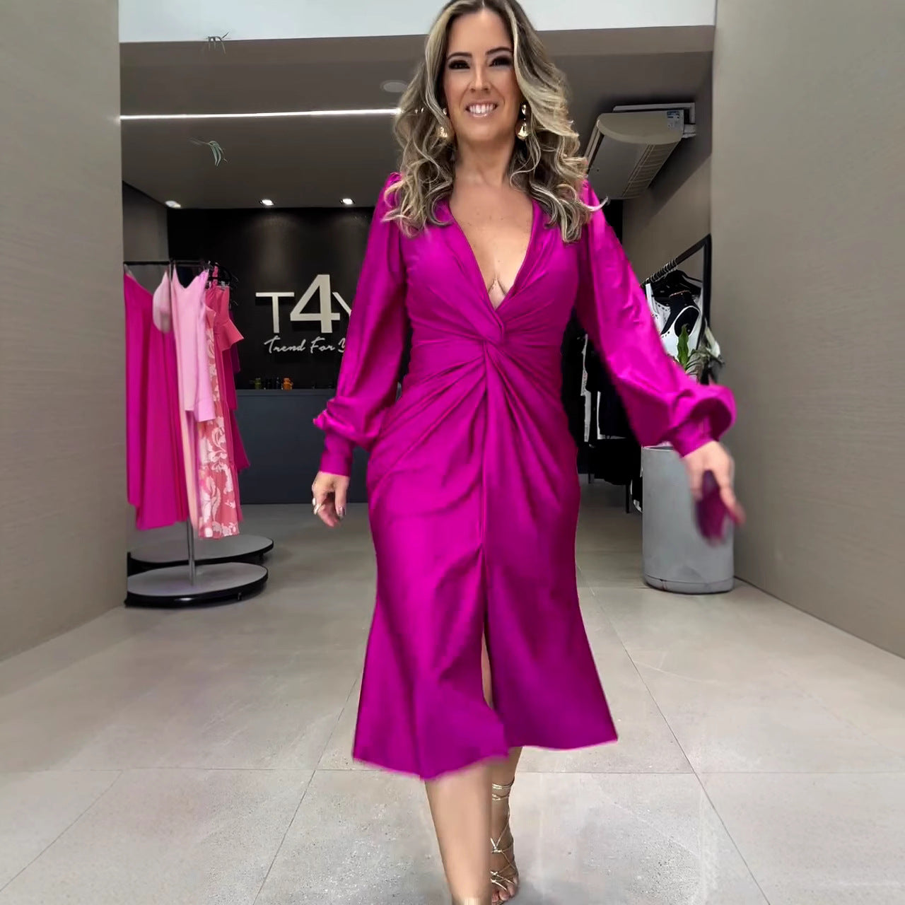 Spring Collar Solid Color Long Sleeve Slim Fit Slit Dresses