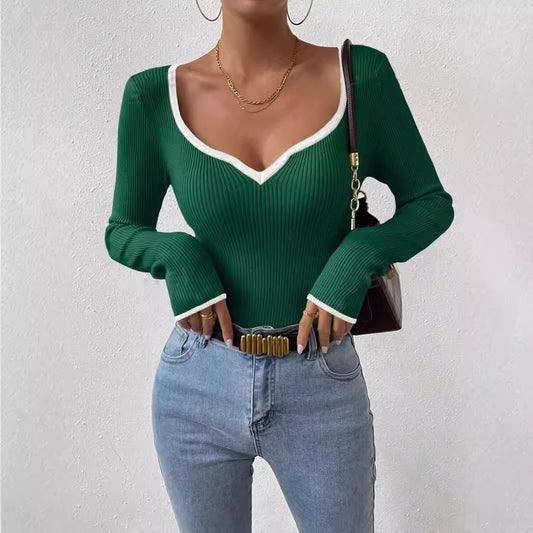 Women's Vertical Pattern Sunken Stripe Slimming Bottoming Knitwear