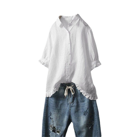 Women's Cotton Linen Casual Single-breasted Ruffled Sleeves Blouses