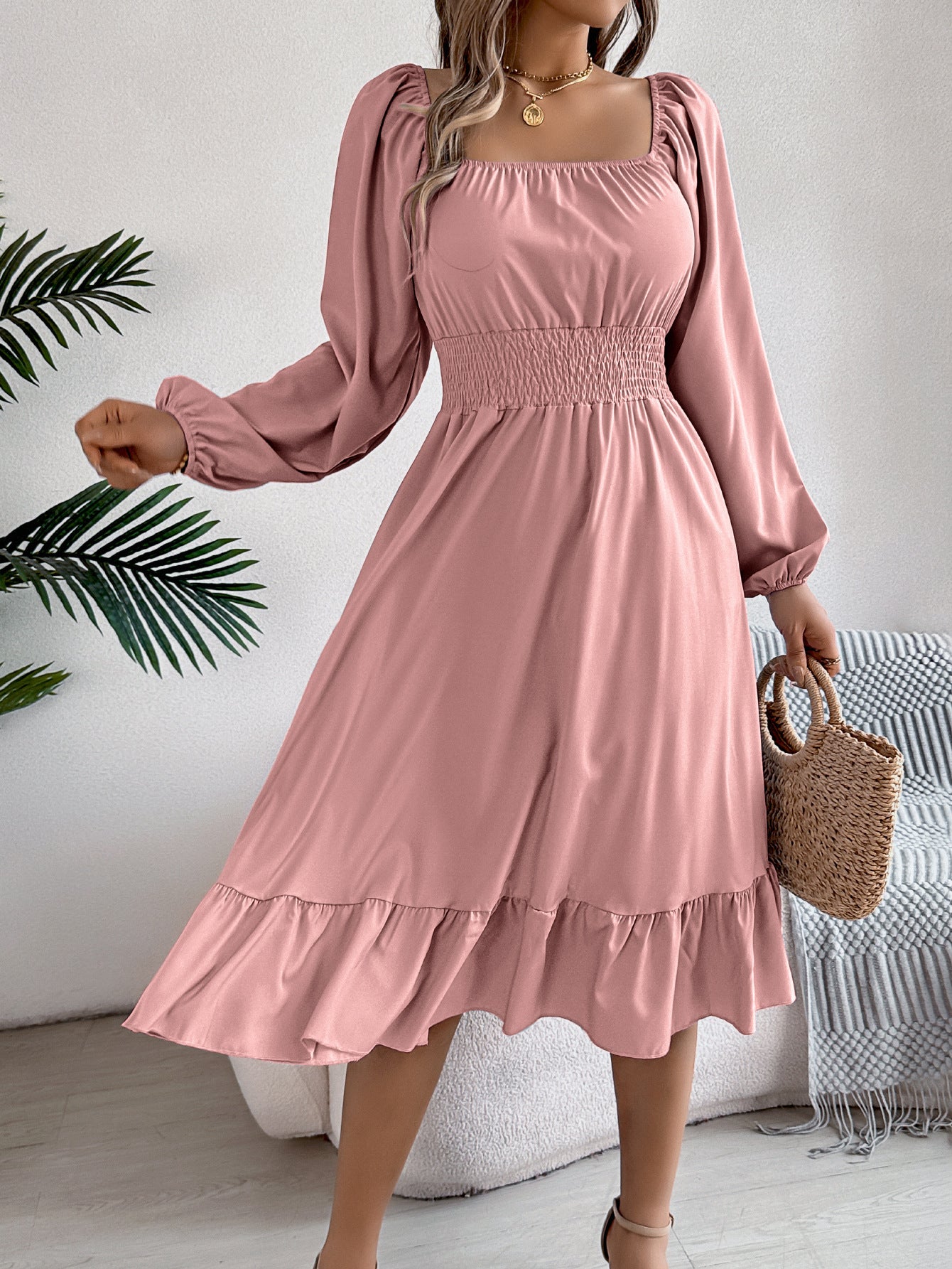 Women's Color Square Collar Long Sleeve Waist Trimming Clothing