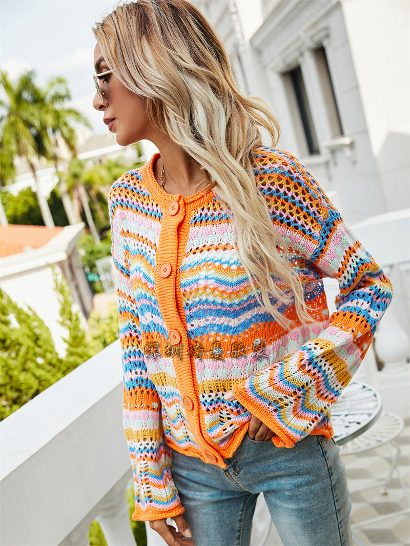 Women's Striped Loose Large Rainbow Button Sweaters