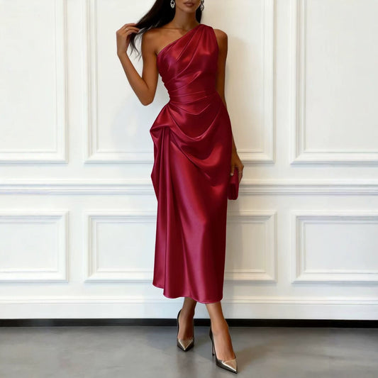 Women's Outer High-grade Satin Pleated Waist Tight Shoulder Dress