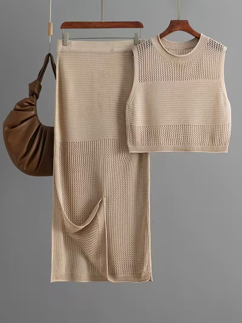 Hollow Sleeveless Summer Knitted Slit Two-piece Sweater