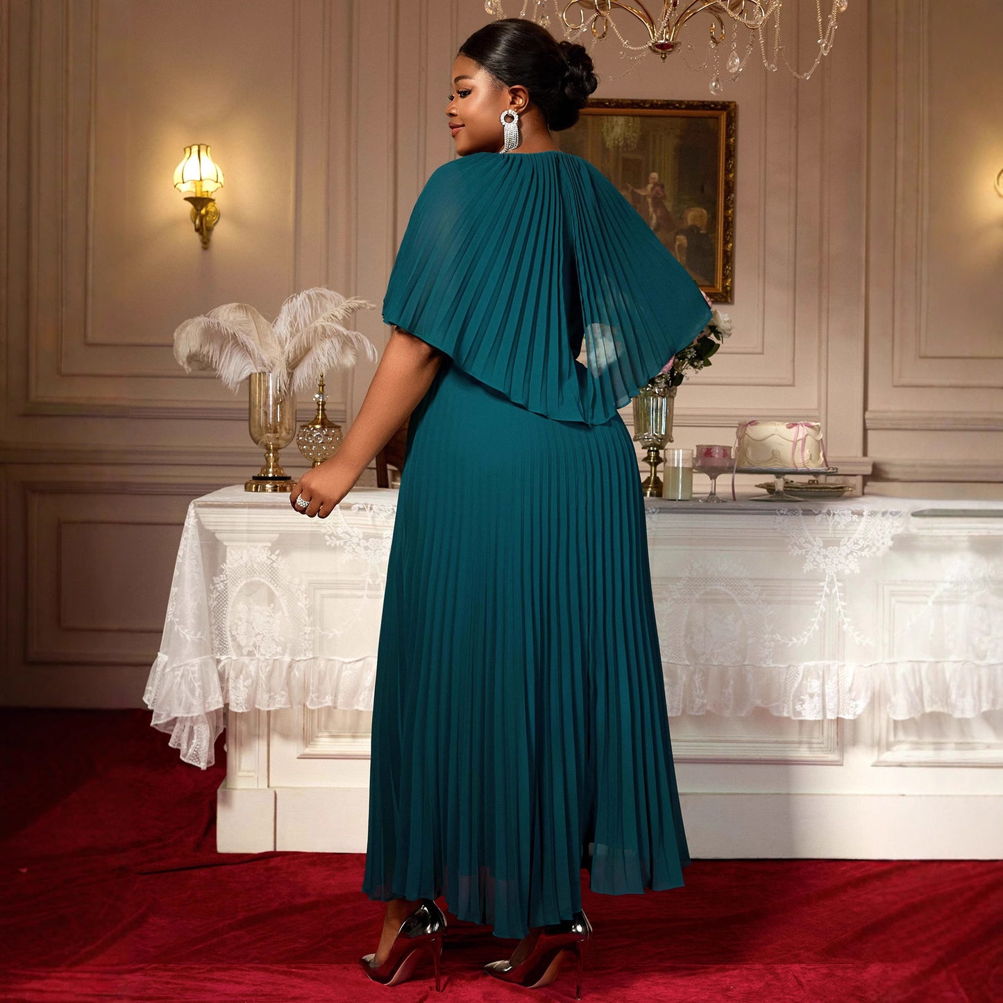 Women's Neck Cape Shawl Sleeve A-swing Chiffon Elegant Long Dresses