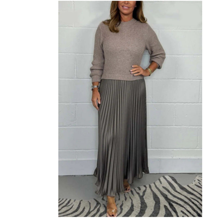 Women's Fashion Elegant Round Neck Dress Pleated Sweaters