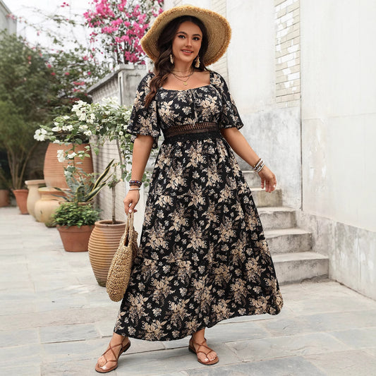 Dress Spring Retro Square Collar Printed Dresses
