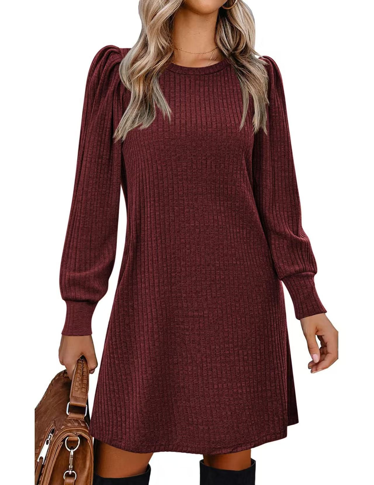 Women's Knitted Emerized Solid Color Round Neck Puff Dress