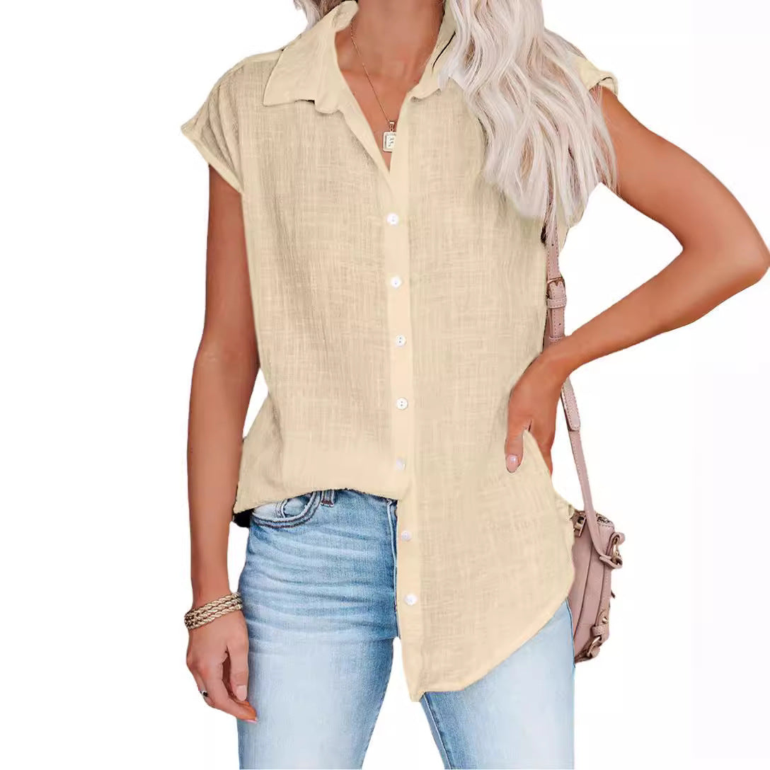 Summer Solid Color Single-breasted Lapel Shirt Blouses